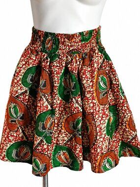 "FREE SIZE" African Print Ankara Mini Skirt Green Orange Red High Waist Flared